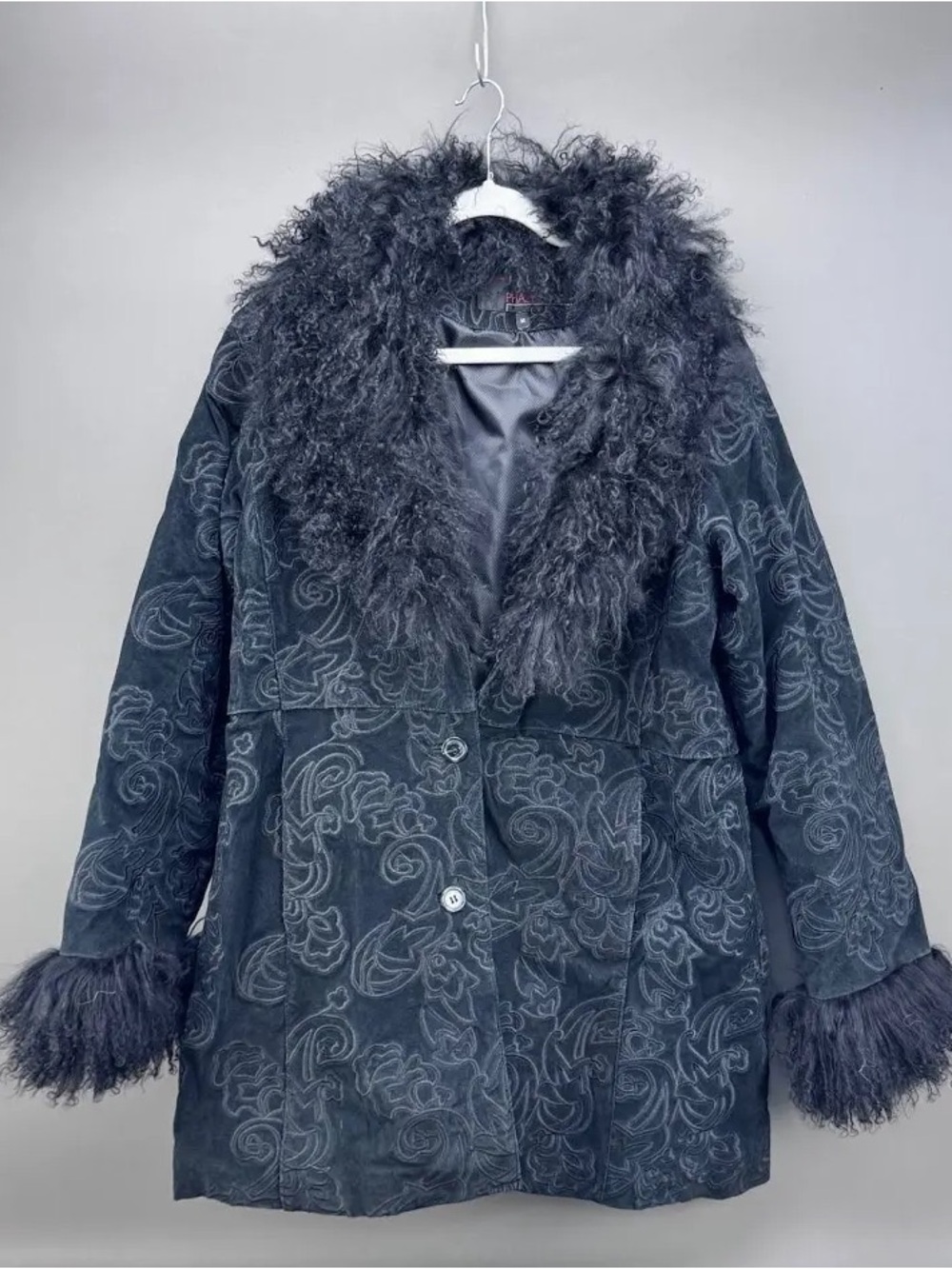 Phase two Women's black suede embroidered Faux-Fur Trim Coat